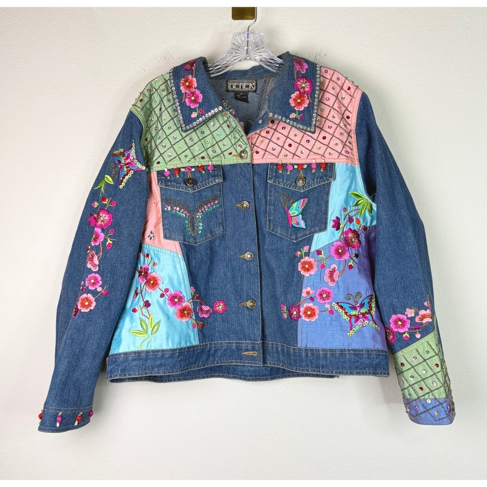 Berek Denim Jacket Womens XL Patchwork Butterfly Floral Embellished Art To Wear